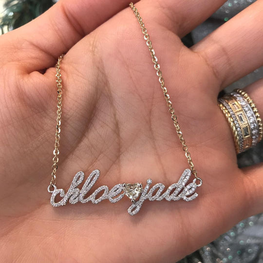 Custom Diamond 2 Names Necklace with Diamond Heart