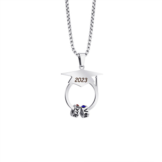 Graduation Classmate Best Friend Gift Bachelor Cap Necklace with Name and Birthstone Pendant