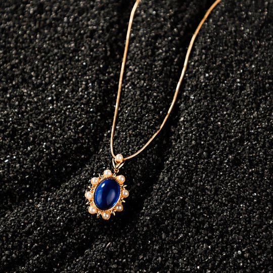 Sapphire Moonstone Gemstone Necklace with Pearl Accent