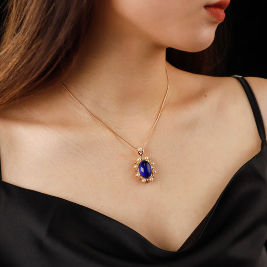 Sapphire Moonstone Gemstone Necklace with Pearl Accent