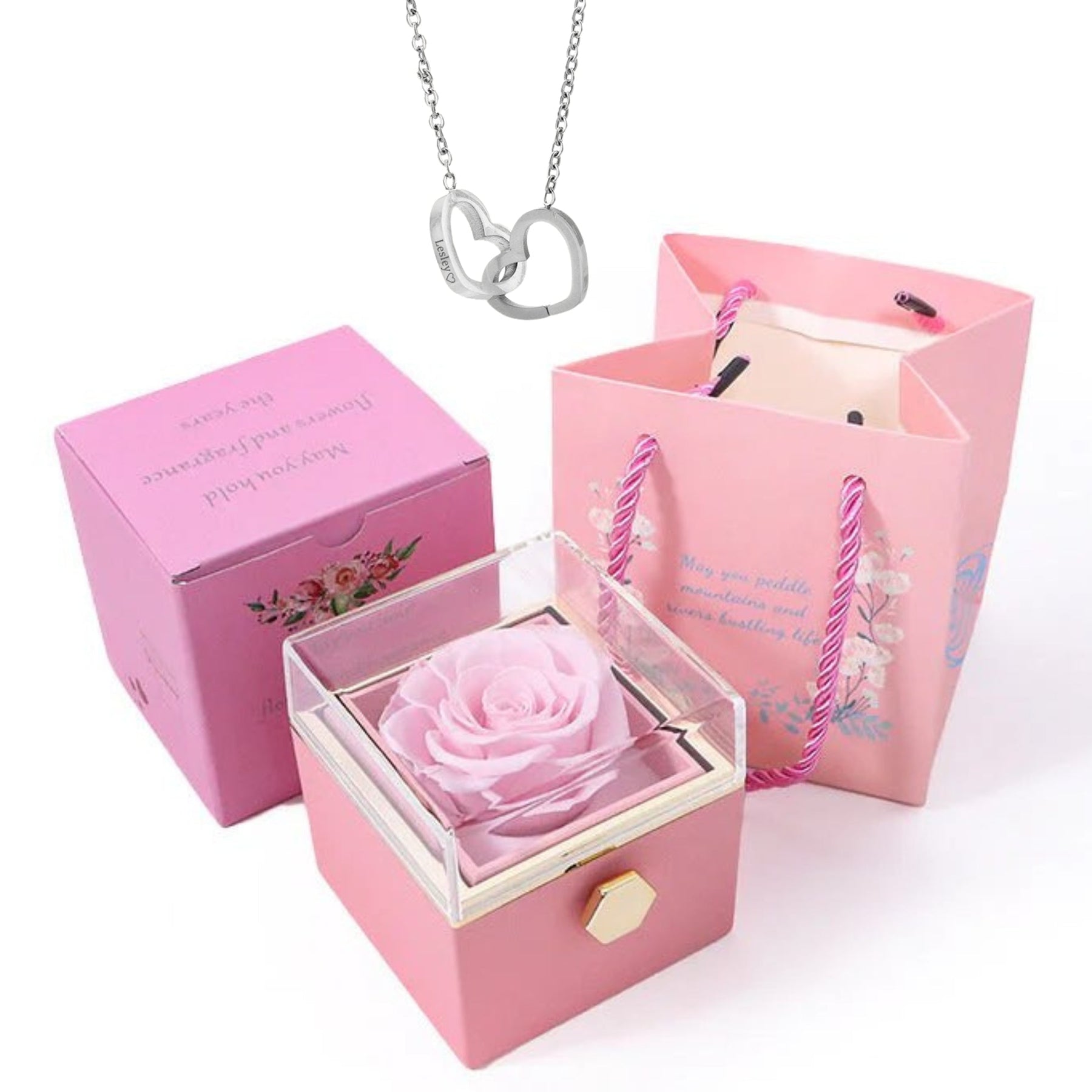 Rotating Preserved Rose Box-Custom Interlock Heart Necklace – Melody ...