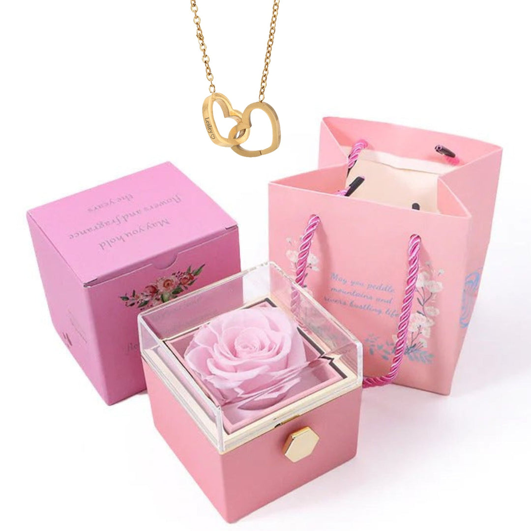 Rotating Preserved Rose Box-Custom Interlock Heart Necklace