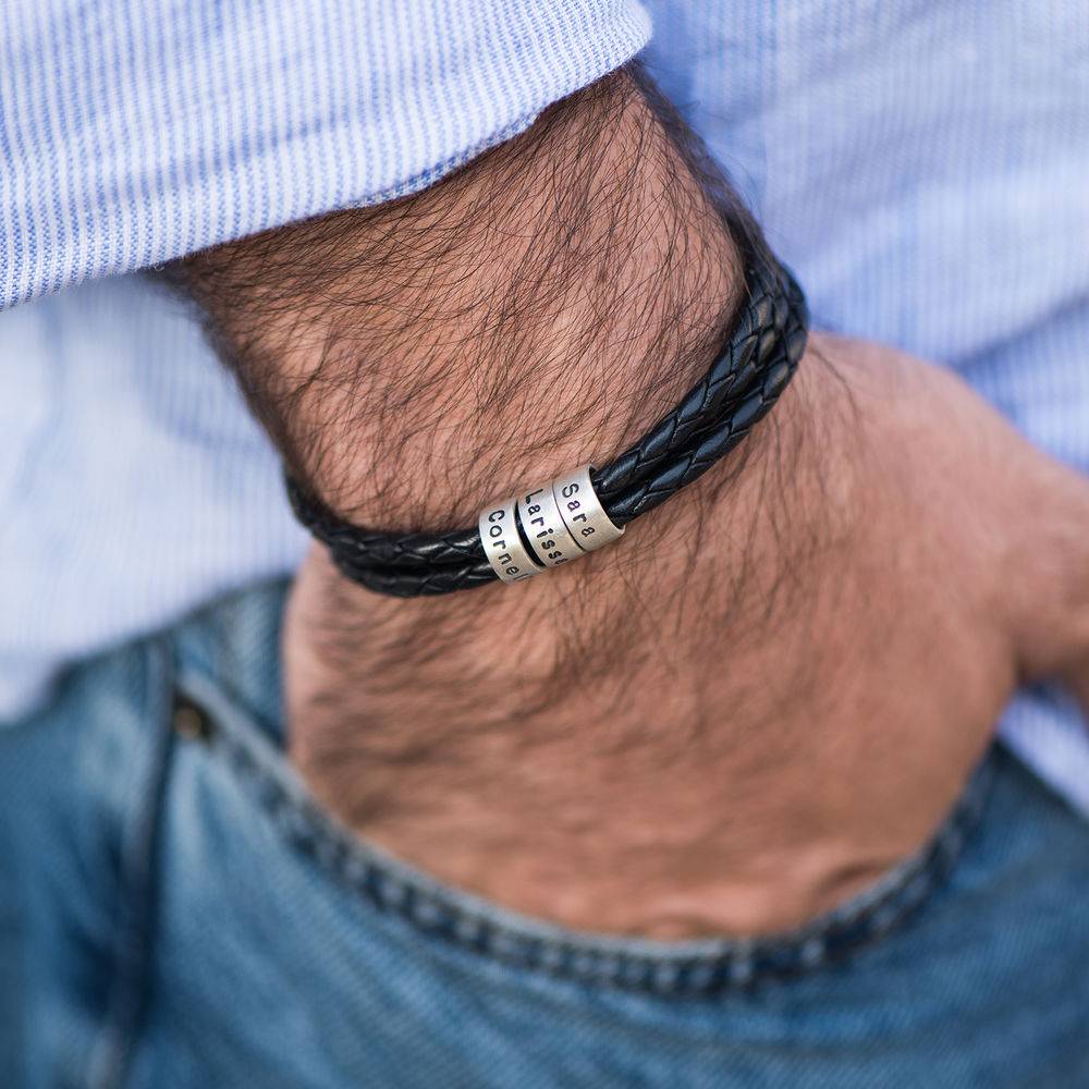 Father's Day Gift Men's Leather Bracelet with Small Custom Beads-Plug Clasp