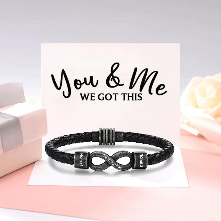 Personalized Men's Infinity Bracelet Custom 2 Names & Text Leather Bracelet Gift Set Birthday For Him