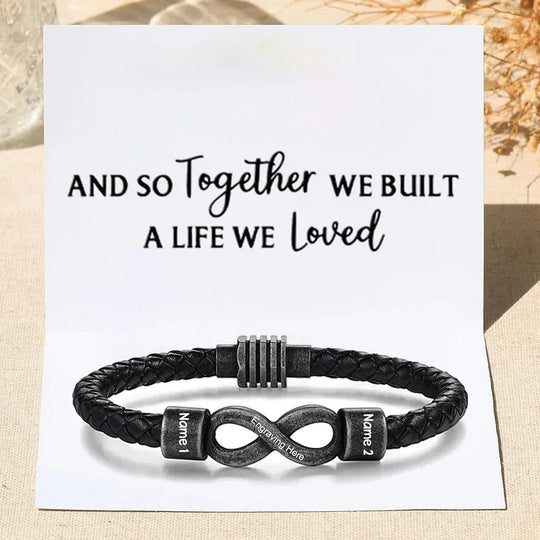 Personalized Men's Infinity Bracelet Custom 2 Names & Text Leather Bracelet Gift Set Birthday For Him