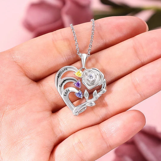 Mother's Day Gift Personalized Rose Heart Necklace with Birthstones and Names