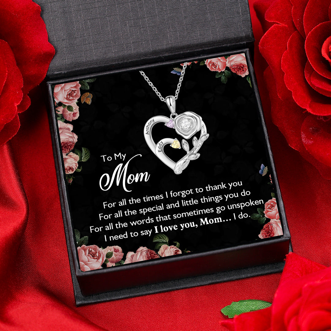 Mother's Day Gift Personalized Rose Heart Necklace with Birthstones and Names