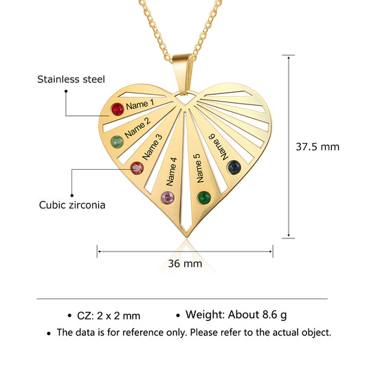 Heart Birthstone Necklace Grandma Necklace with 6 Stones Engraved 6 Names Mom Necklace in Gold