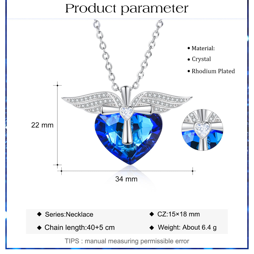 Heart Blue Crystal Necklace Angle Wings Sapphire Necklace for Her