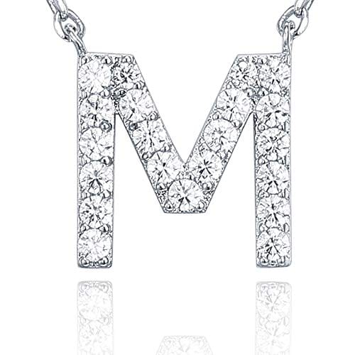 14K White Gold Plated Cubic Zirconia Initial Necklace M Initial Necklace MelodyNecklace