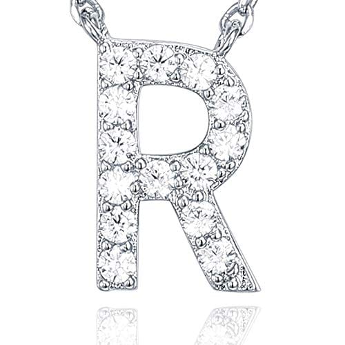14K White Gold Plated Cubic Zirconia Initial Necklace R Visit the PAVOI Store