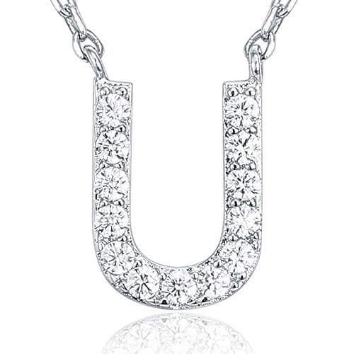 14K White Gold Plated Cubic Zirconia Initial Necklace U Initial Necklace MelodyNecklace