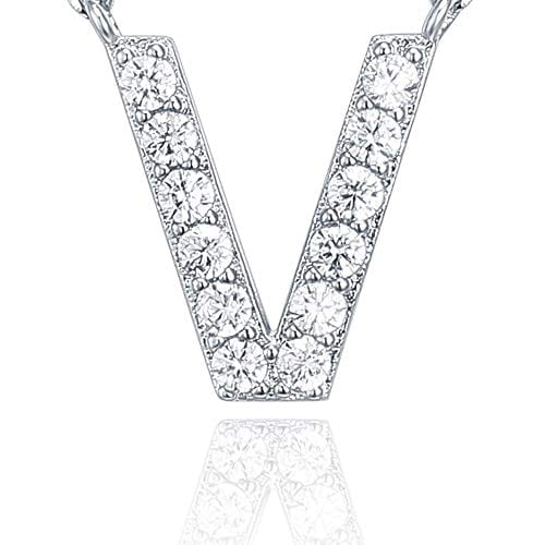 14K White Gold Plated Cubic Zirconia Initial Necklace V Initial Necklace MelodyNecklace
