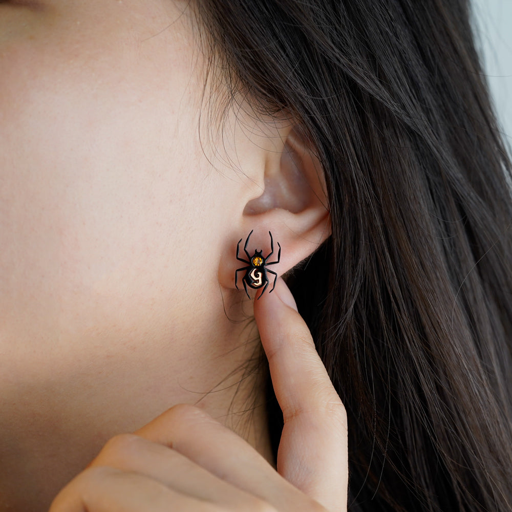 Halloween Spider Earrings with Initial and Birthstone Stud