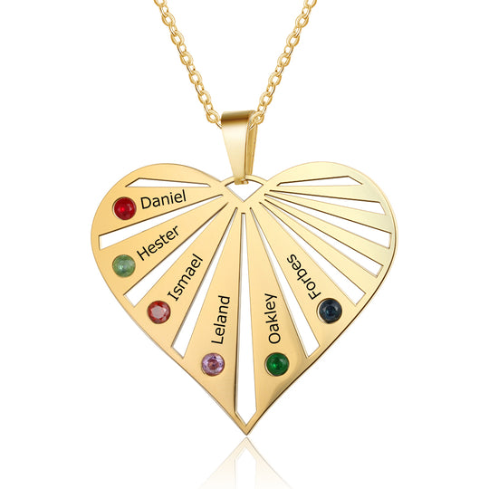 Heart Birthstone Necklace Grandma Necklace with 6 Stones Engraved 6 Names Mom Necklace in Gold