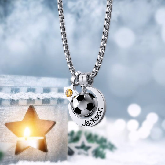 Rising Star Soccer Foot ball Birthstone Name Necklace For Children