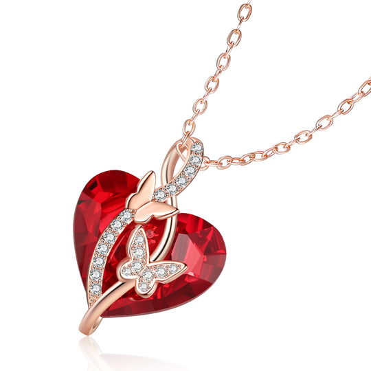 Heart Red Crystal Necklace Butterfly Ruby Necklace for Her