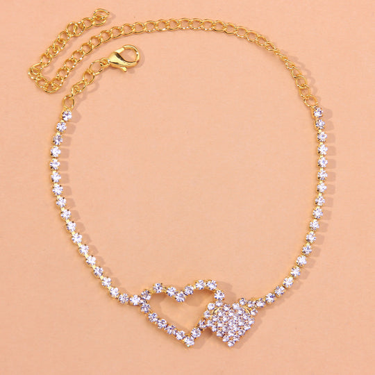 Sexy Anklet for Women Girls Double Heart Rhinestone Anklet Summer Beach Gift