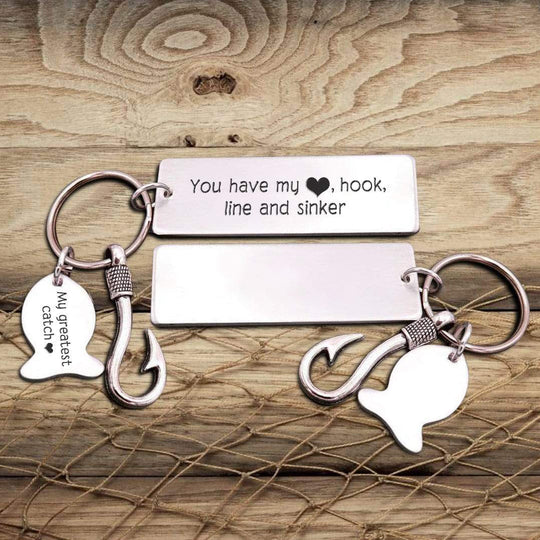 To My Man Fishing Hook Keychain Engraved 1 Name "You Have My Heart Hook Line And Sinker"
