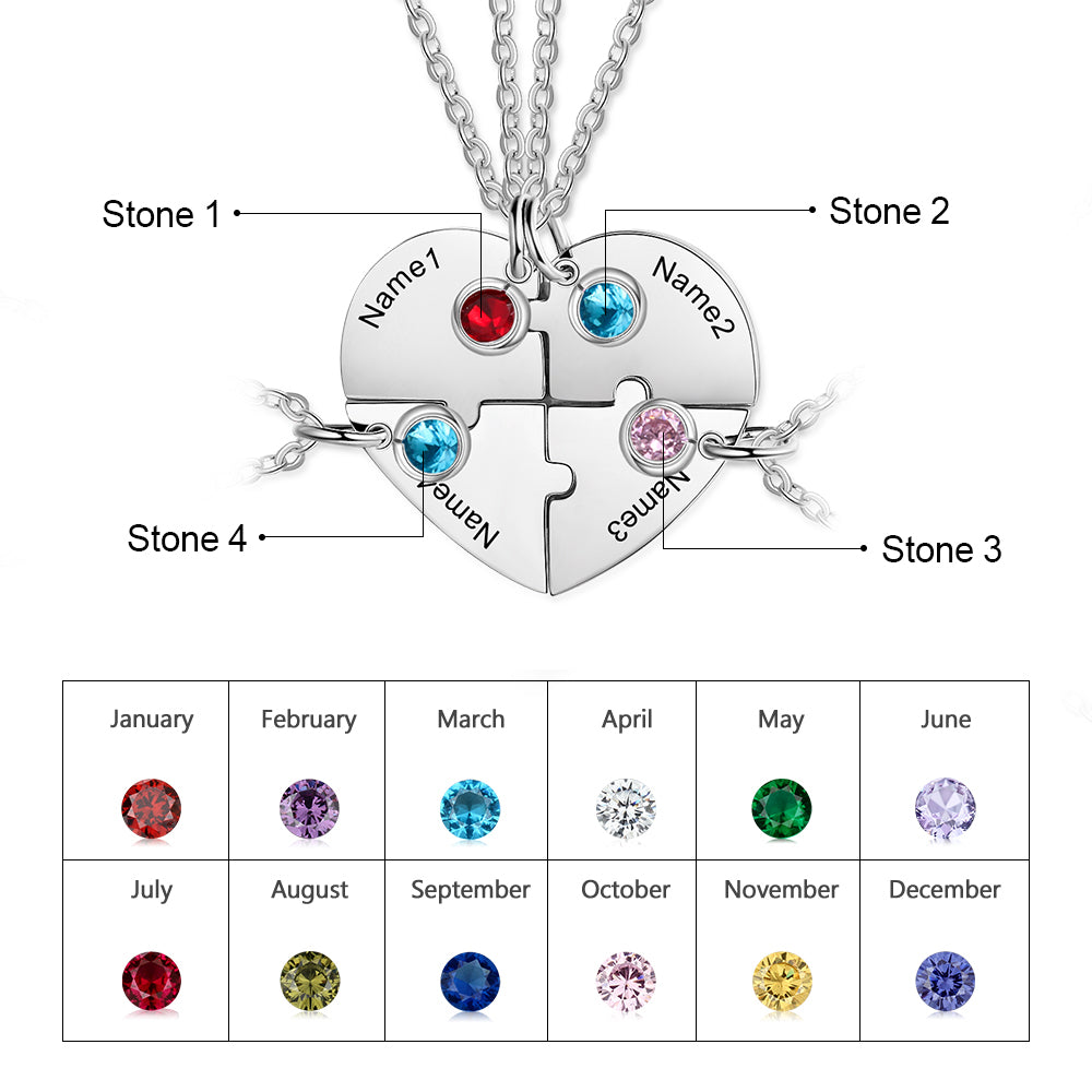 Personalized Heart Puzzle Necklace Custom 4 Birthstones Family Necklace