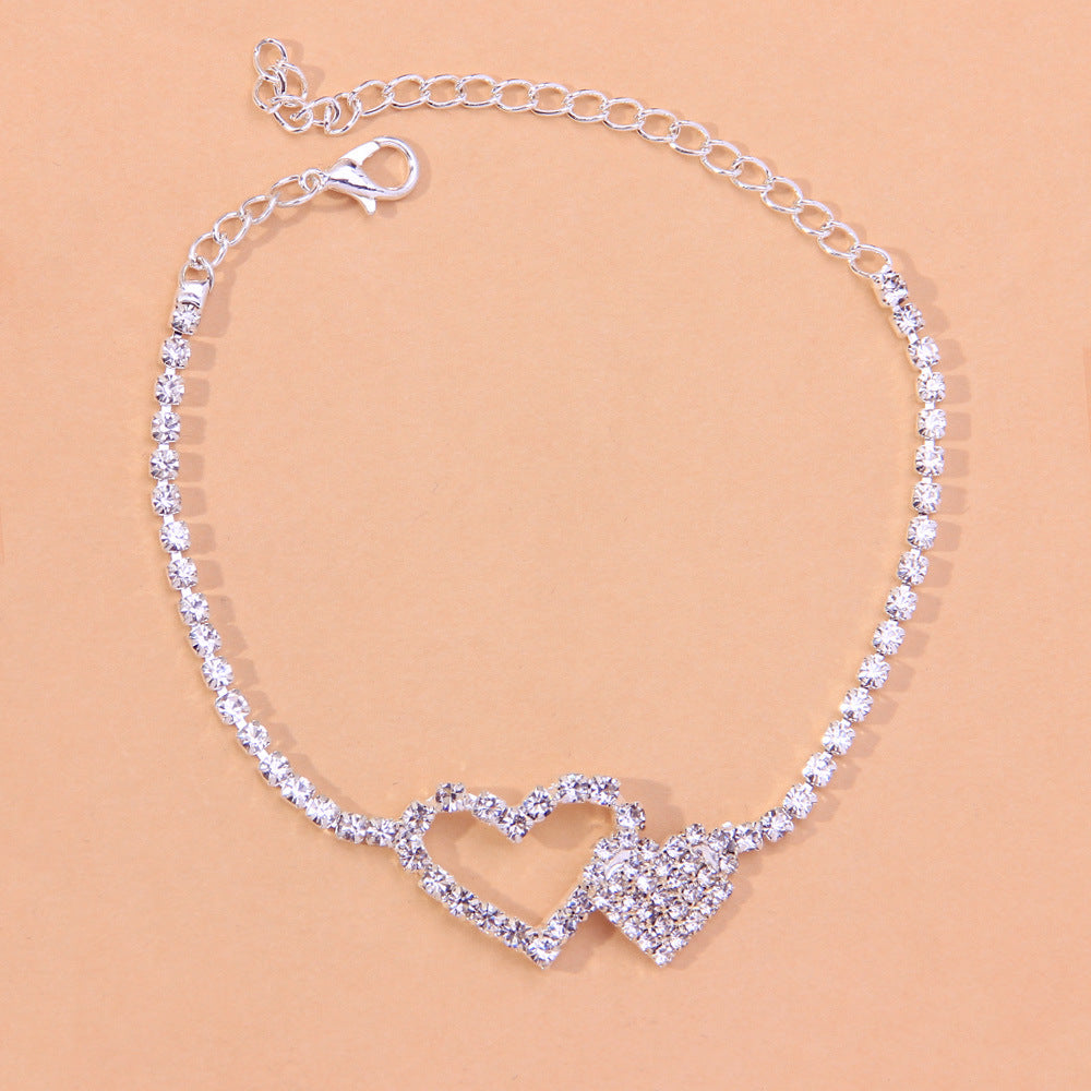 Sexy Anklet for Women Girls Double Heart Rhinestone Anklet Summer Beach Gift