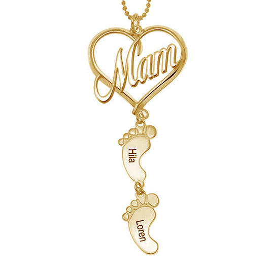 Mama Heart Pendant With Birthstone Baby Feet Necklace