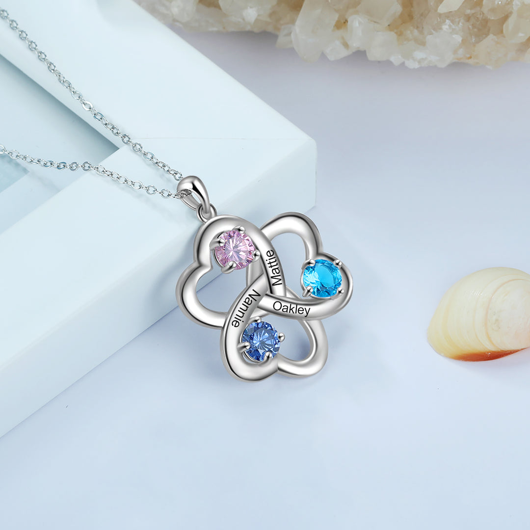 Personalized Interlocking Heart Necklace with 3 Birthstones Family Necklace