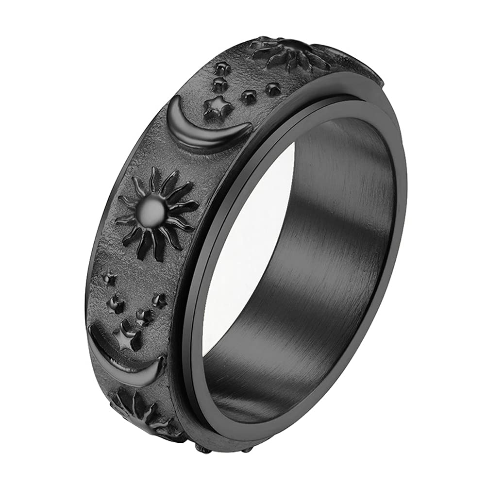 925 Sterling Silver Moon Star Sun Spinner Anxiety Ring Stainless Steel / Black / 6 Rings customforher