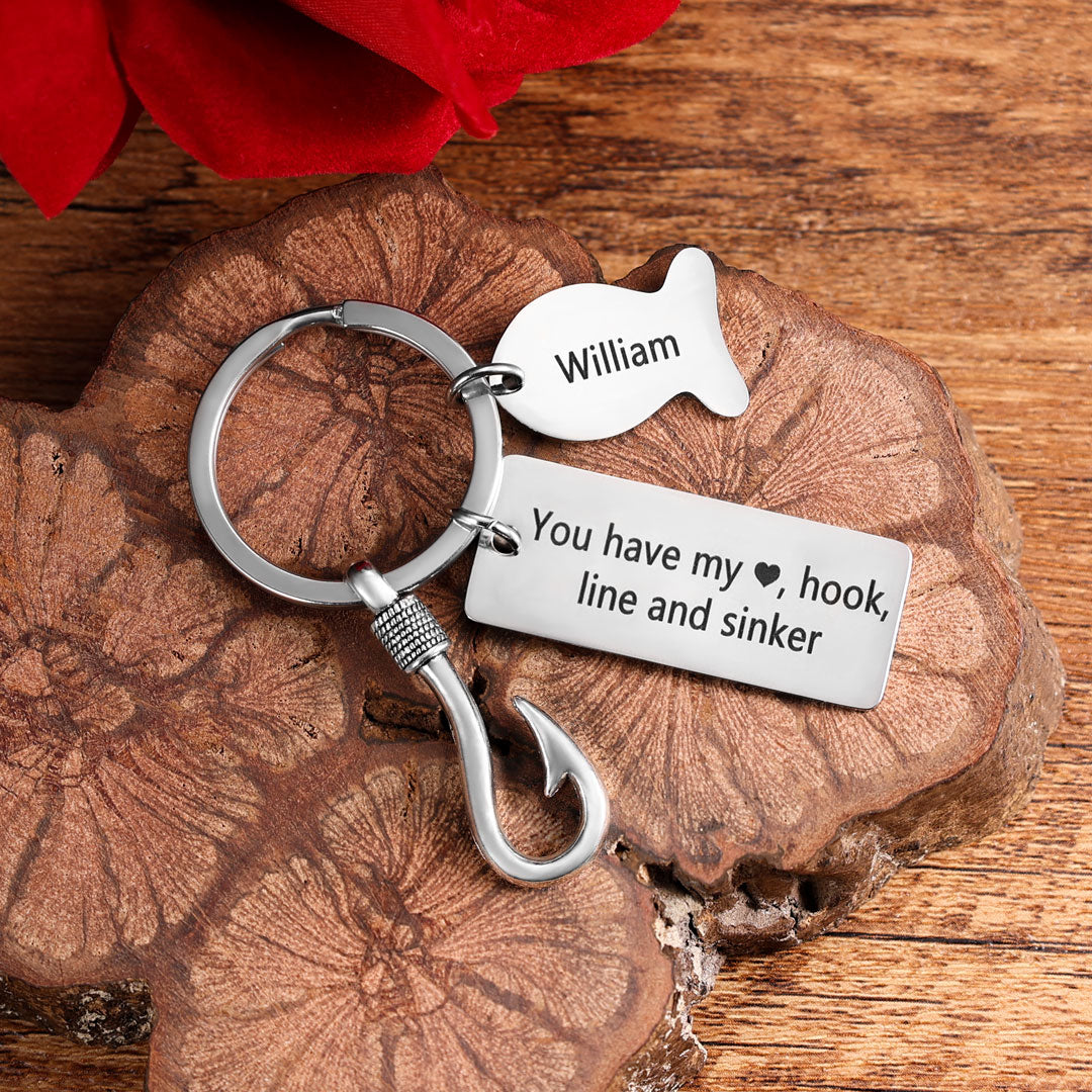 To My Man Fishing Hook Keychain Engraved 1 Name "You Have My Heart Hook Line And Sinker"