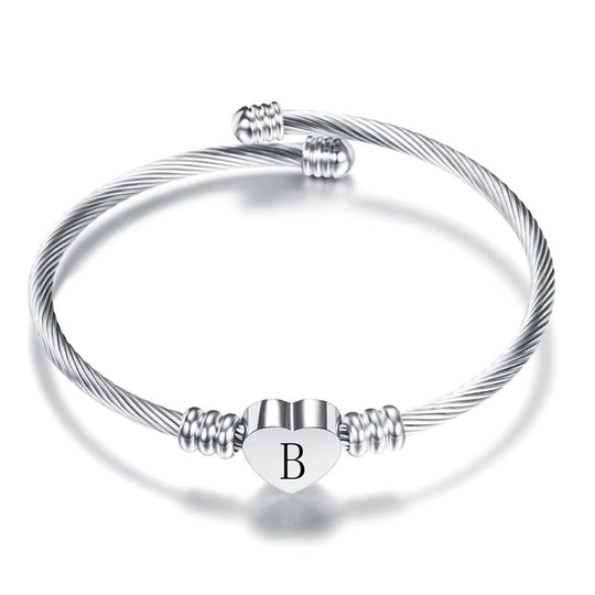 Adjustable Bangle Bracelet With Initial Letter Personalized Heart Charm-Boots N Bags Heaven-Boots N Bags Heaven