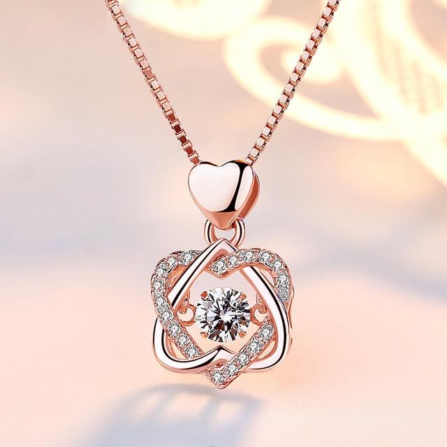 Fashion Romantic Double Heart Flower Pendant Necklace with Zircon Rose - 1203