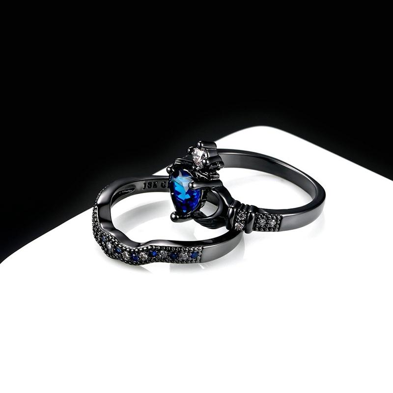 Wedding rings set his and hers-Couples Ring Set Clear Black & Blue Zirconia