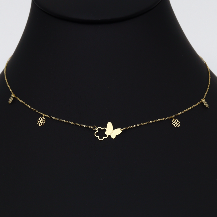 Real Gold Butterfly & Flower Necklace N1088 - 18K Gold Jewelry