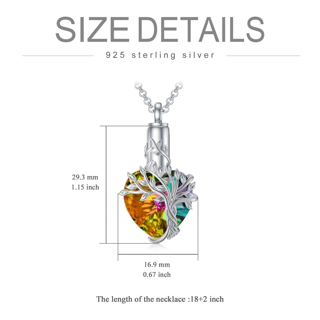 Heart Tree of Life Urn Necklace for Ashes Sterling Silver Cremation Jewelry with Crystal w/Funnel Filler