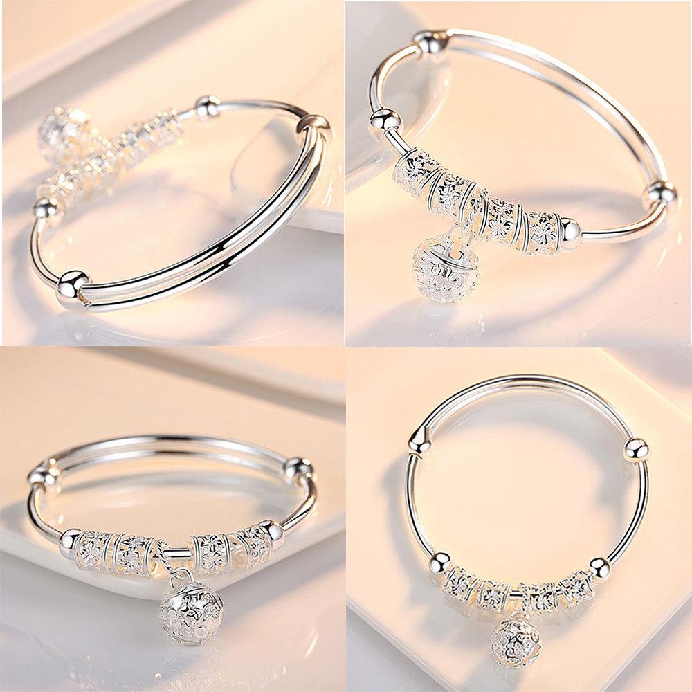 Precious Sterling Silver Floral Ball Charm Bangle Bracelet Jewelry-Boots N Bags Heaven-Boots N Bags Heaven