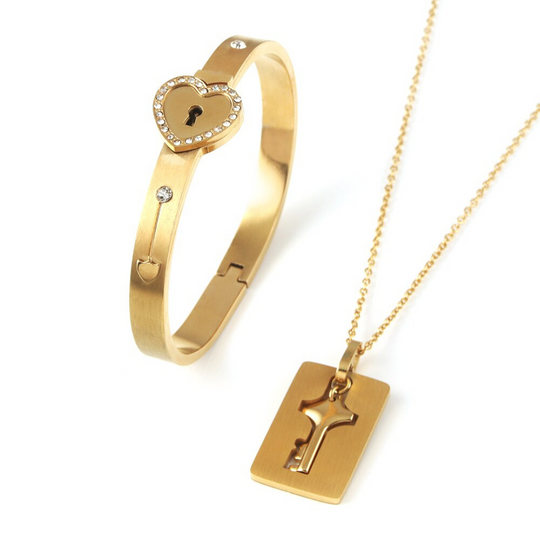 The Key To The Heart-Heart Love Lock Bracelet & Key Necklace Set