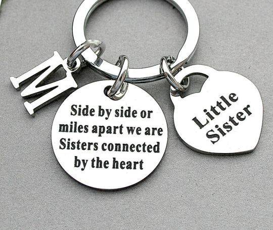 Side By Side Or Miles Apart We Are Sisters Connected By The Heart Sisters Keychain Initial Little Big Middle Sisters,