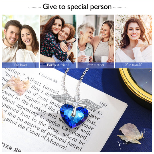 Heart Blue Crystal Necklace Angle Wings Sapphire Necklace for Her
