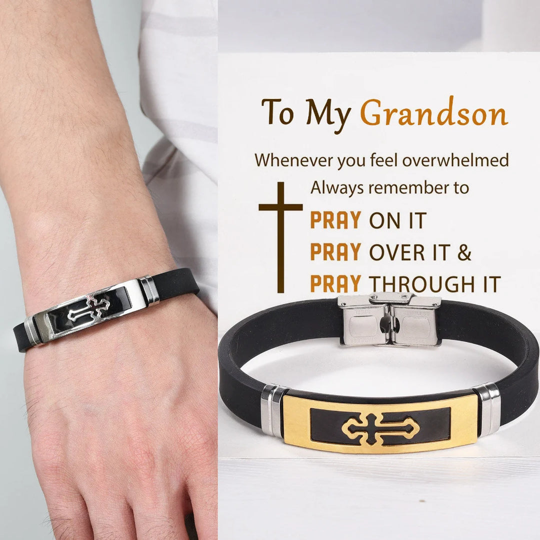 To My Grandson Cross Leather Bracelet "Pray Through It" Christmas Gift s for Grandson