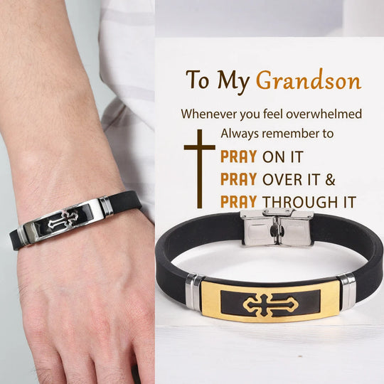 To My Grandson Cross Leather Bracelet "Pray Through It" s for Grandson