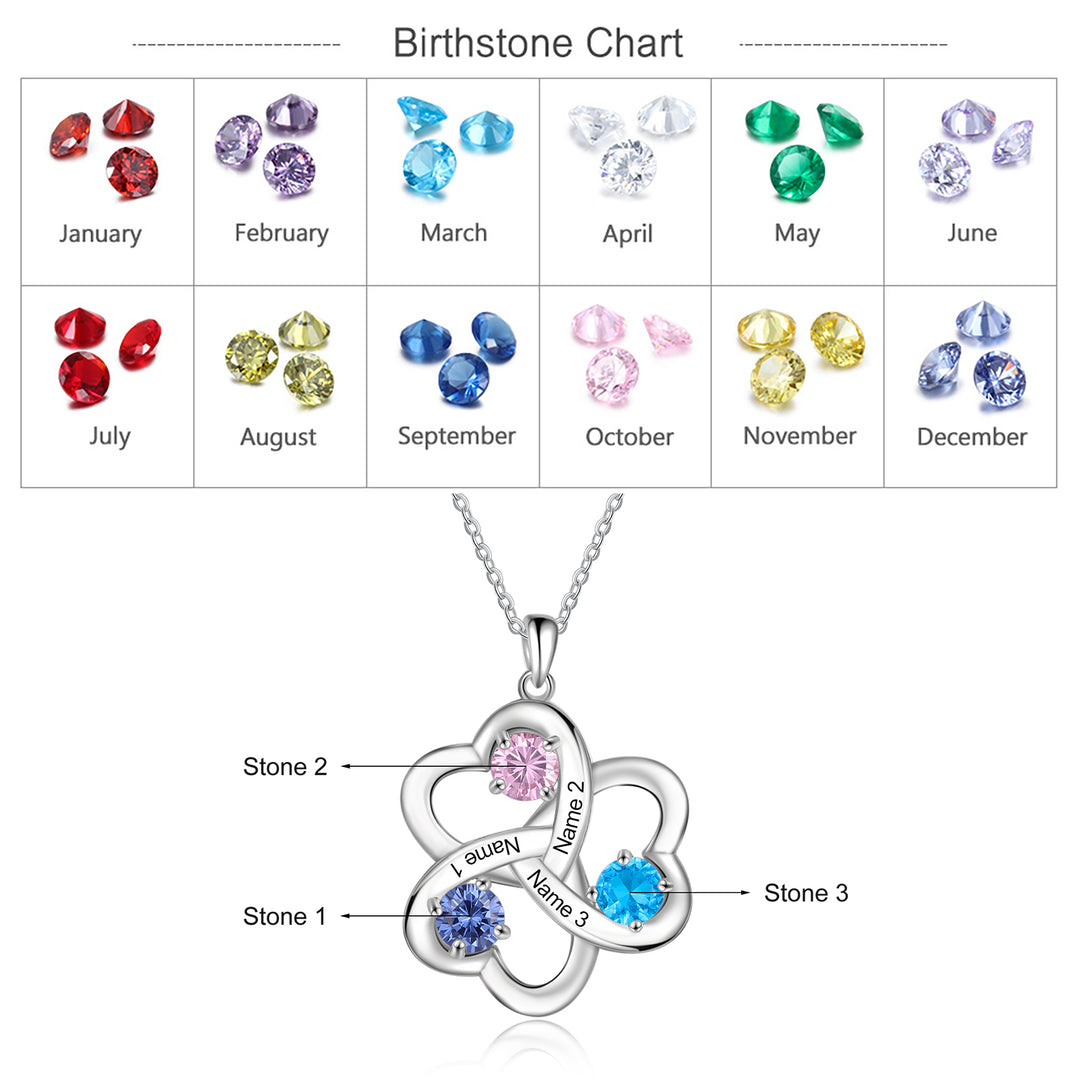 Personalized Interlocking Heart Necklace with 3 Birthstones Family Necklace