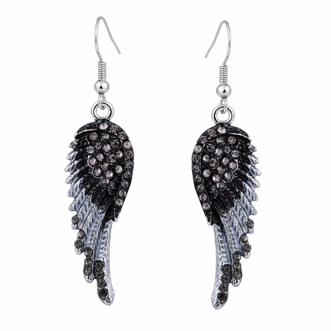 Angel Wing Hook Earrings Austrian Crystal Silver-Tone Black Earring MelodyNecklace