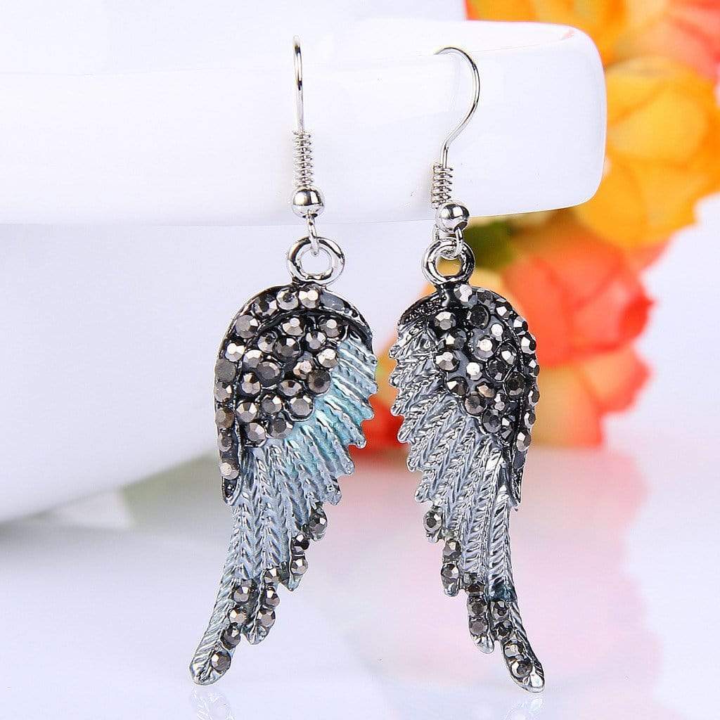 Angel Wing Hook Earrings Austrian Crystal Silver-Tone Grey Earring MelodyNecklace