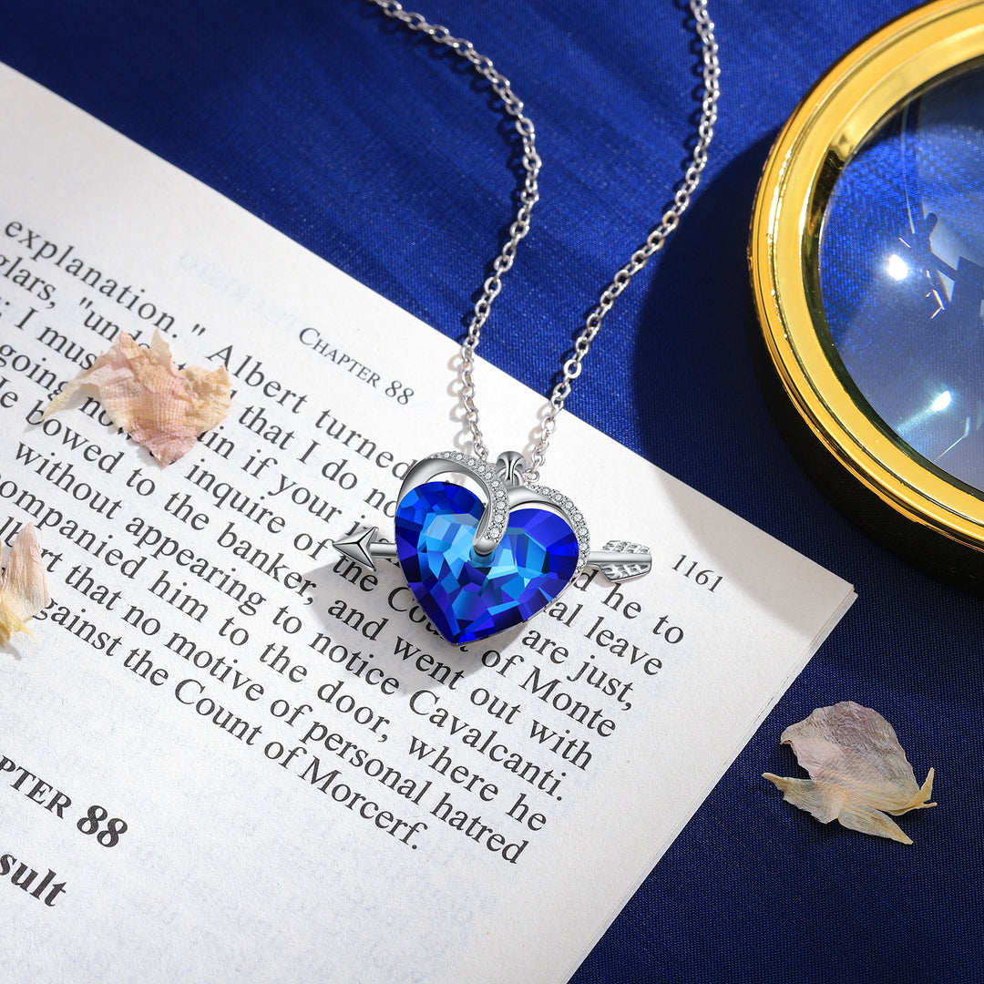 Heart Blue Crystal Necklace Love Arrow Sapphire Necklace for Her