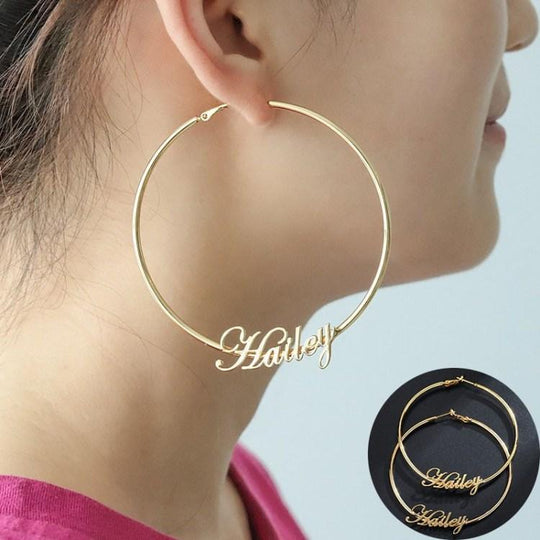 Big Hoop Cursive Earrings 18k Gold Earring MelodyNecklace