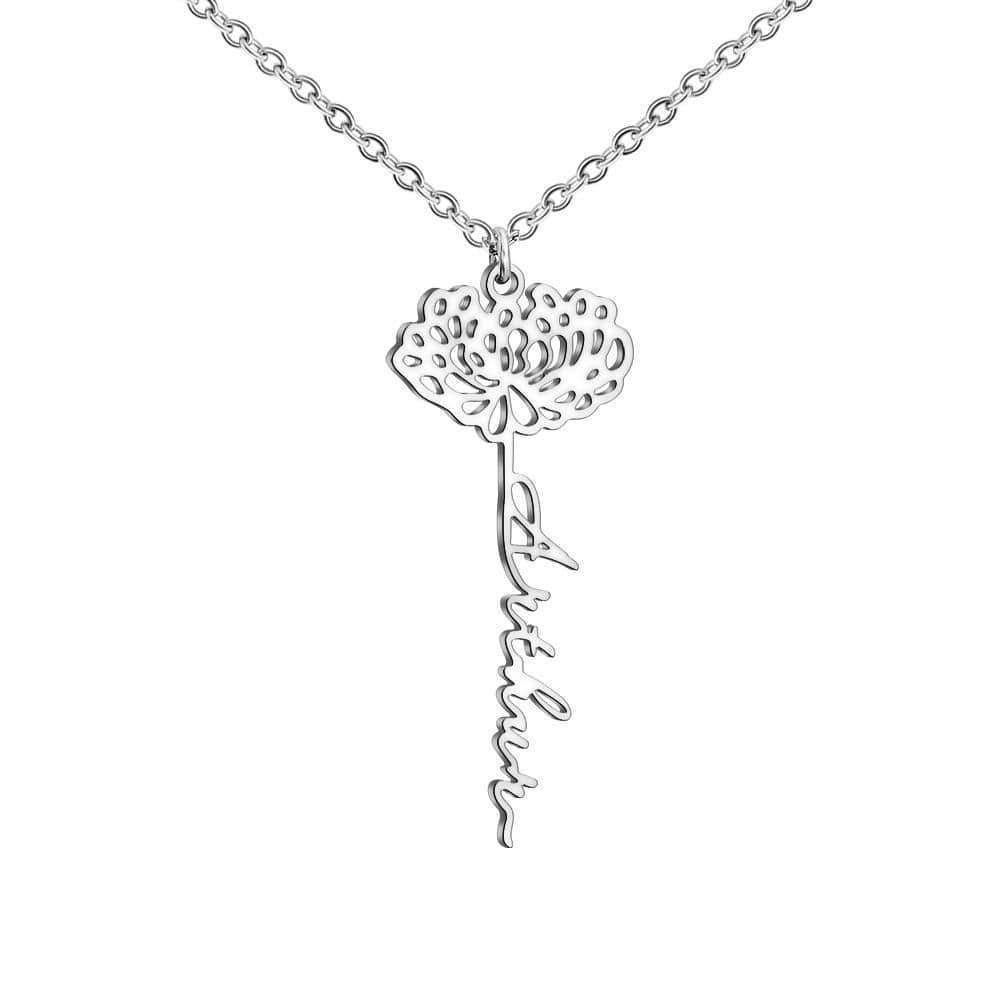 Birth Flower Necklace With Name Pendent Titanium steel / Silver Mom Necklace MelodyNecklace