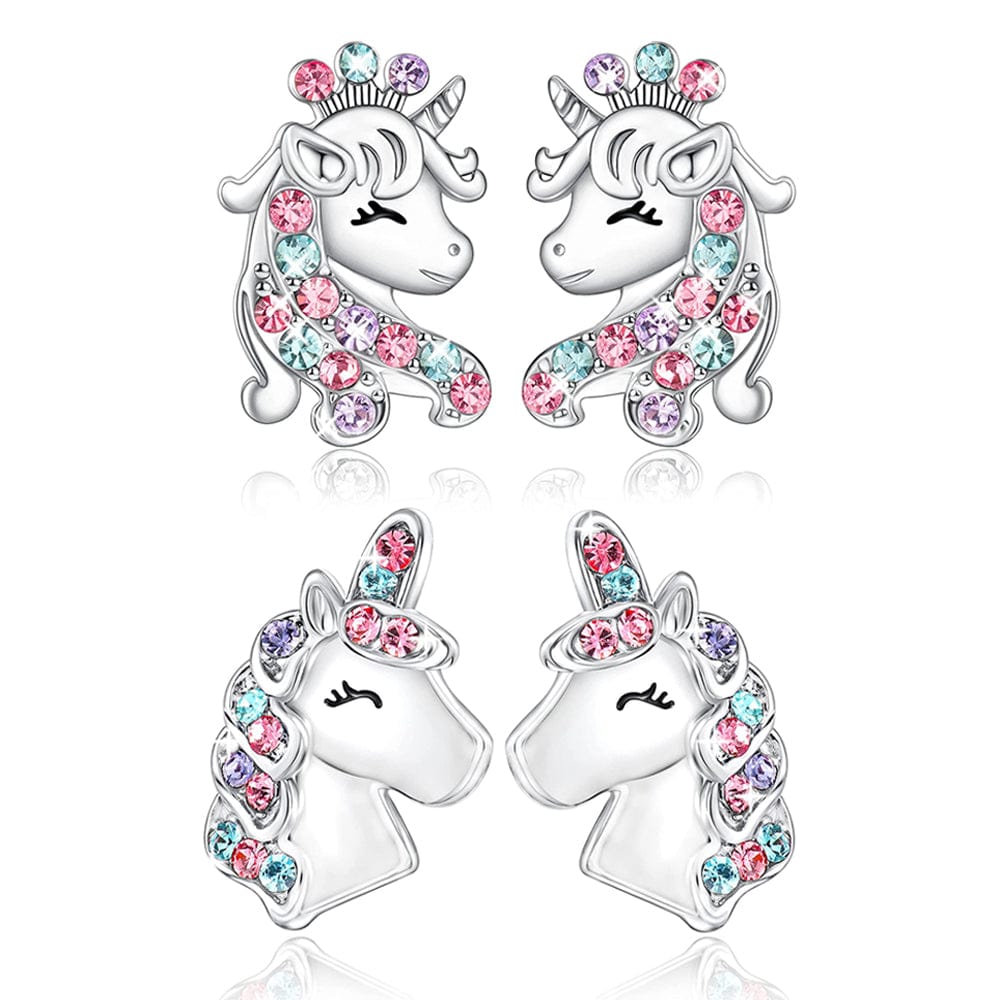 Birthday Gift for Girl Unicorn Earrings with Zircon Princess+Prince(2 pairs） Necklace for girl MelodyNecklace