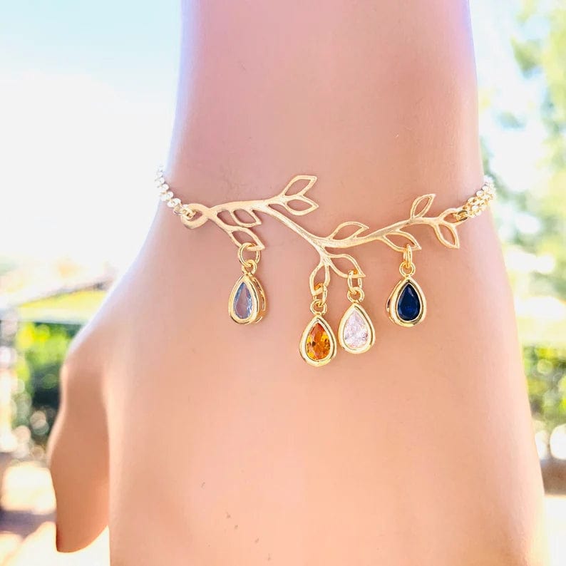 Boho Leaf Birthstone Charm Bracelet 18K Gold / Adjustable JewlGlory - Personalized Gifts Jewelry