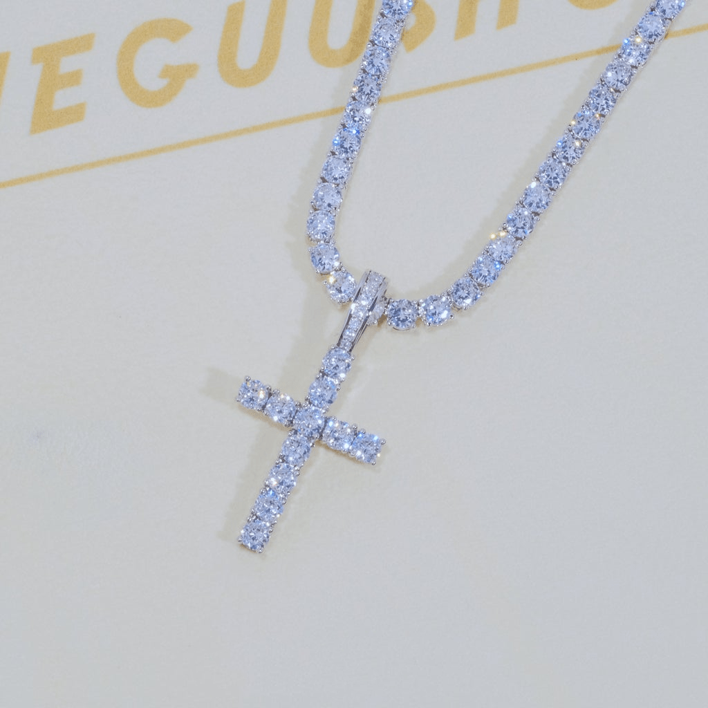 Bundle White Gold Diamond Cross + 4mm Diamond Tennis Chain Cuba link MelodyNecklace