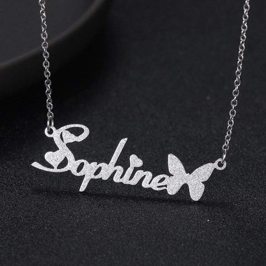 Butterfly Hearts Name Necklace Silver Necklace MelodyNecklace